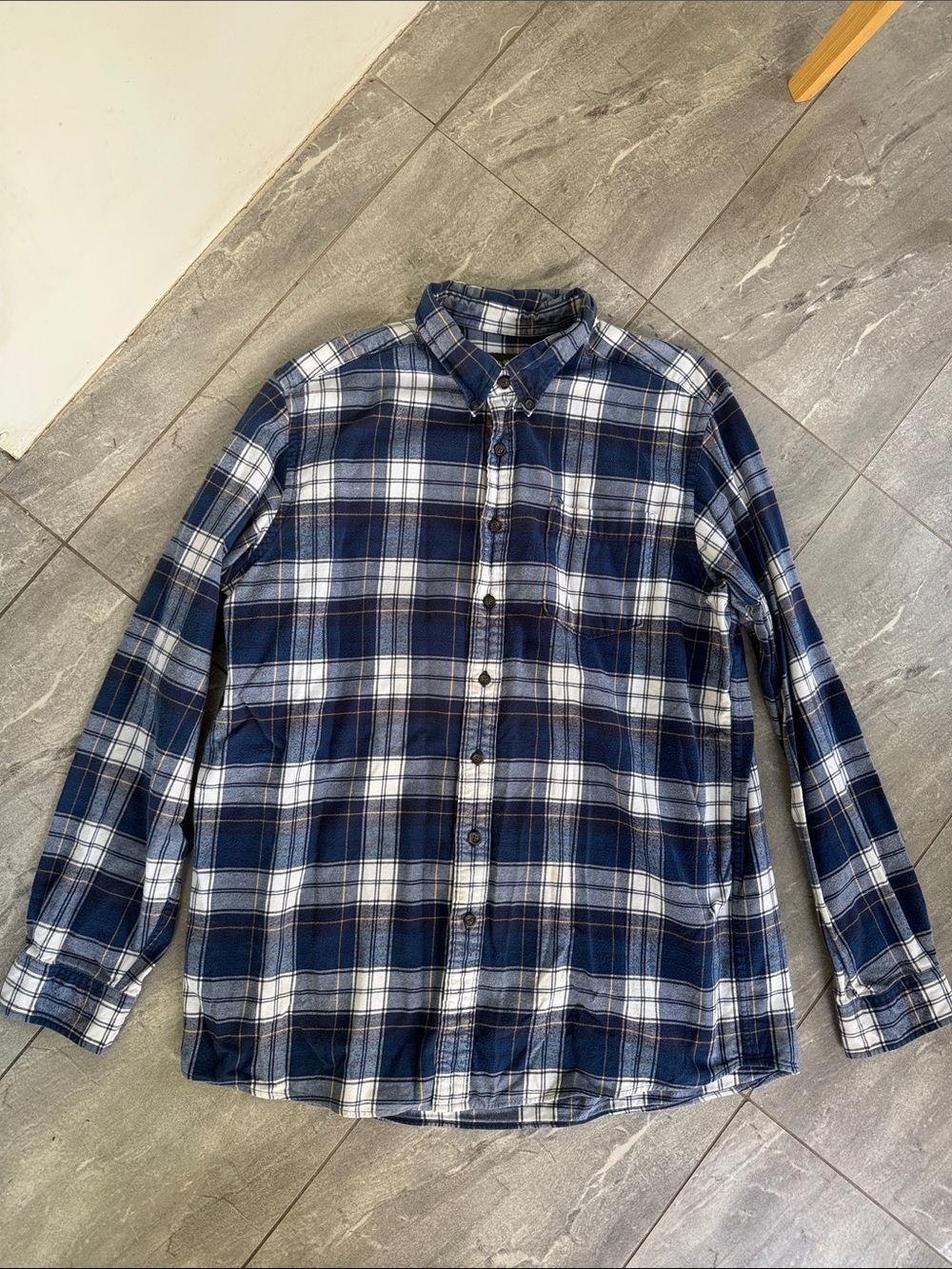 Eddie Bauer Navy and White Plaid Button-Down Shirt
